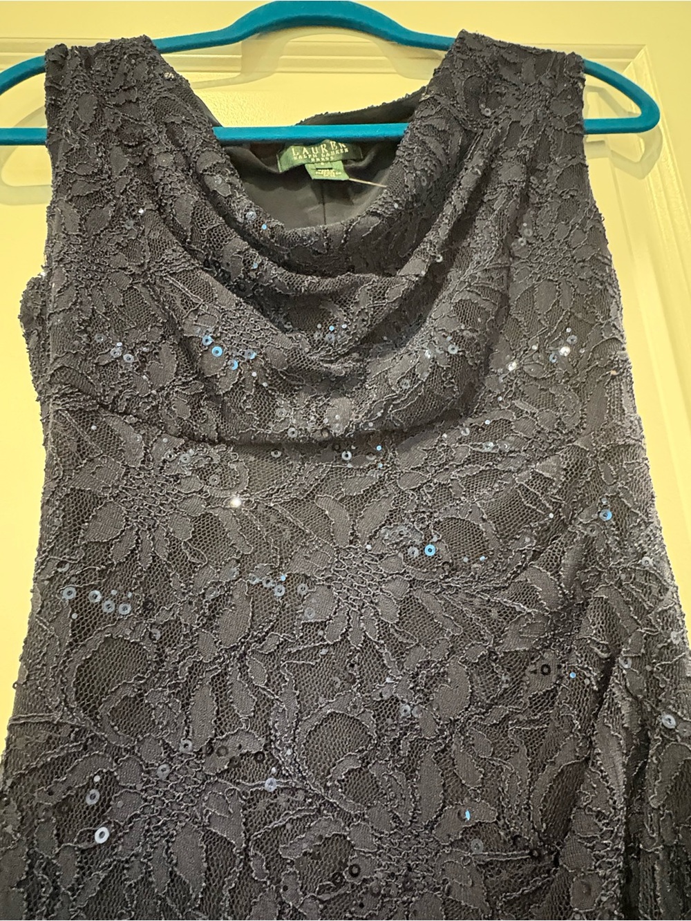 Ralph Lauren Black Lace Sequin Cowl-Neck Dress